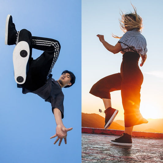 Split image showing two dancers mid jump outdoors wearing black Fuego high top sneakers, with one dancer captured against a blue sky and the other backlit by a sunset highlighting the shoe movement.